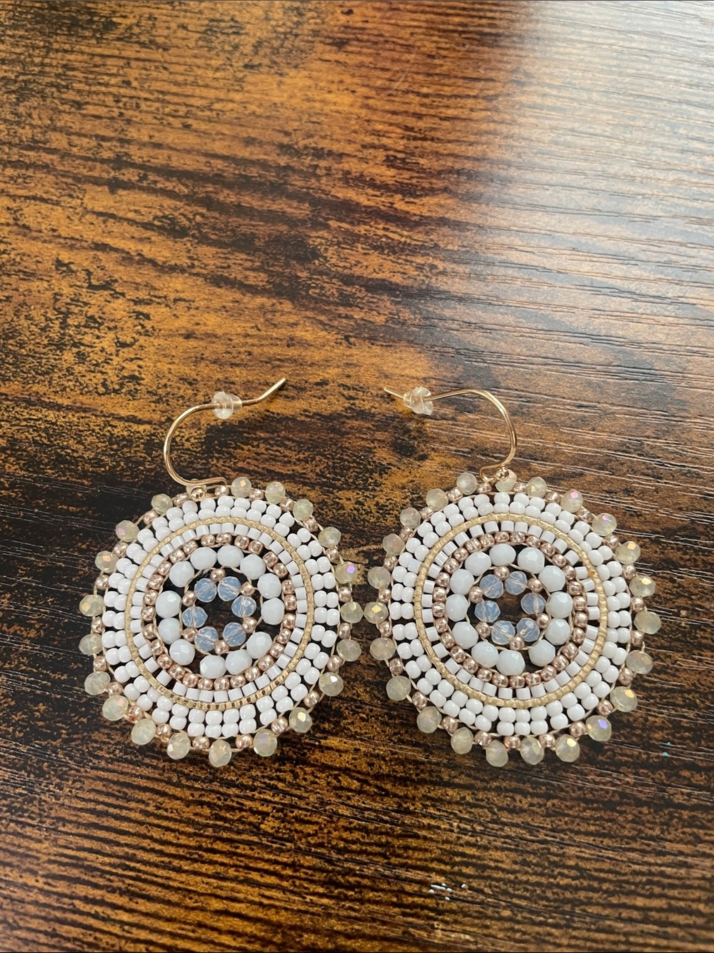 Beaded White and Gold Circular Drop Earrings - Women Jewelry